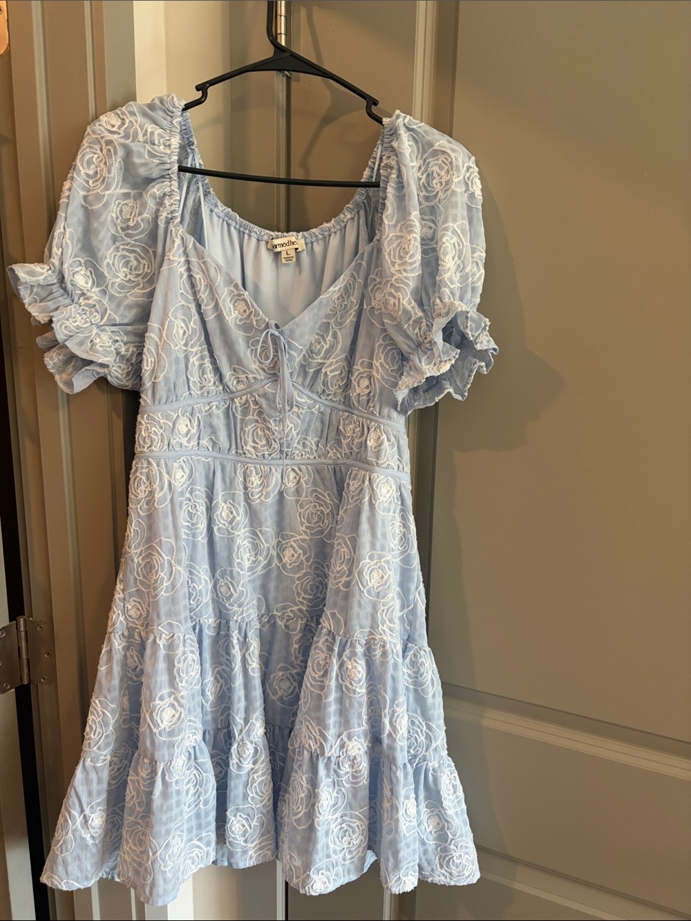 Light Blue Floral Embroidered Ruffle Dress